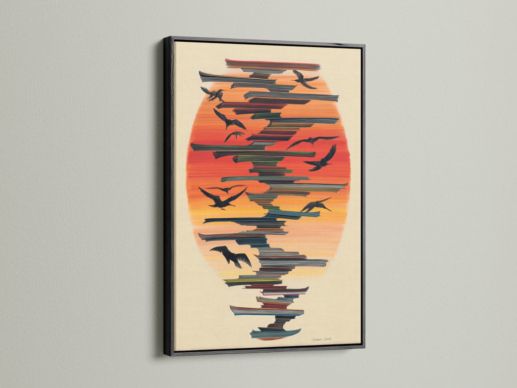 The Birds in Flight artwork is powerfully presented in a black frame. The black frame offers a striking contrast to the sunset canvas. This modern artwork makes a bold statement. It's perfect as living room wall art.