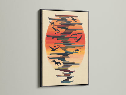 The Birds in Flight artwork is powerfully presented in a black frame. The black frame offers a striking contrast to the sunset canvas. This modern artwork makes a bold statement. It's perfect as living room wall art.