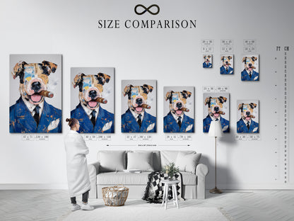 Size comparison chart in an interior setting. Dog portrait art options displayed in various sizes. Visualize how the mixed media print fits your space. Choose the perfect animal wall art for your decor. Find the ideal size for your dog lover gift.