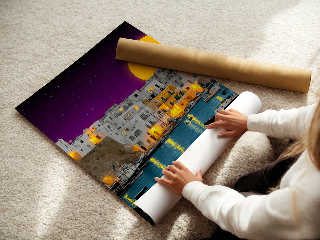 A woman is carefully rolling a fine art poster paper. The poster features the coastal village artwork. This ensures it arrives in pristine condition. Perfect for homeowners renters and business owners seeking elevated contemporary wall decor.