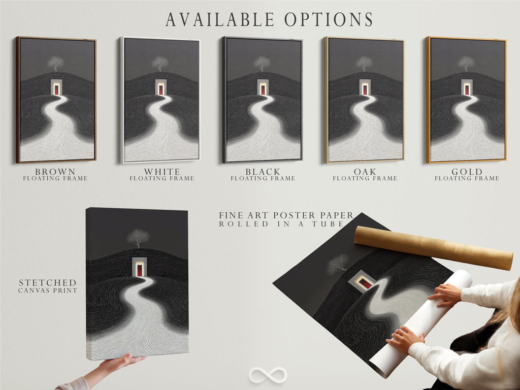 Explore available options for minimalist landscape art. Choose between stretched canvas prints fine art poster paper and floating frames. The surreal path artwork enhances your home decor. Discover black and white geometric decor today.