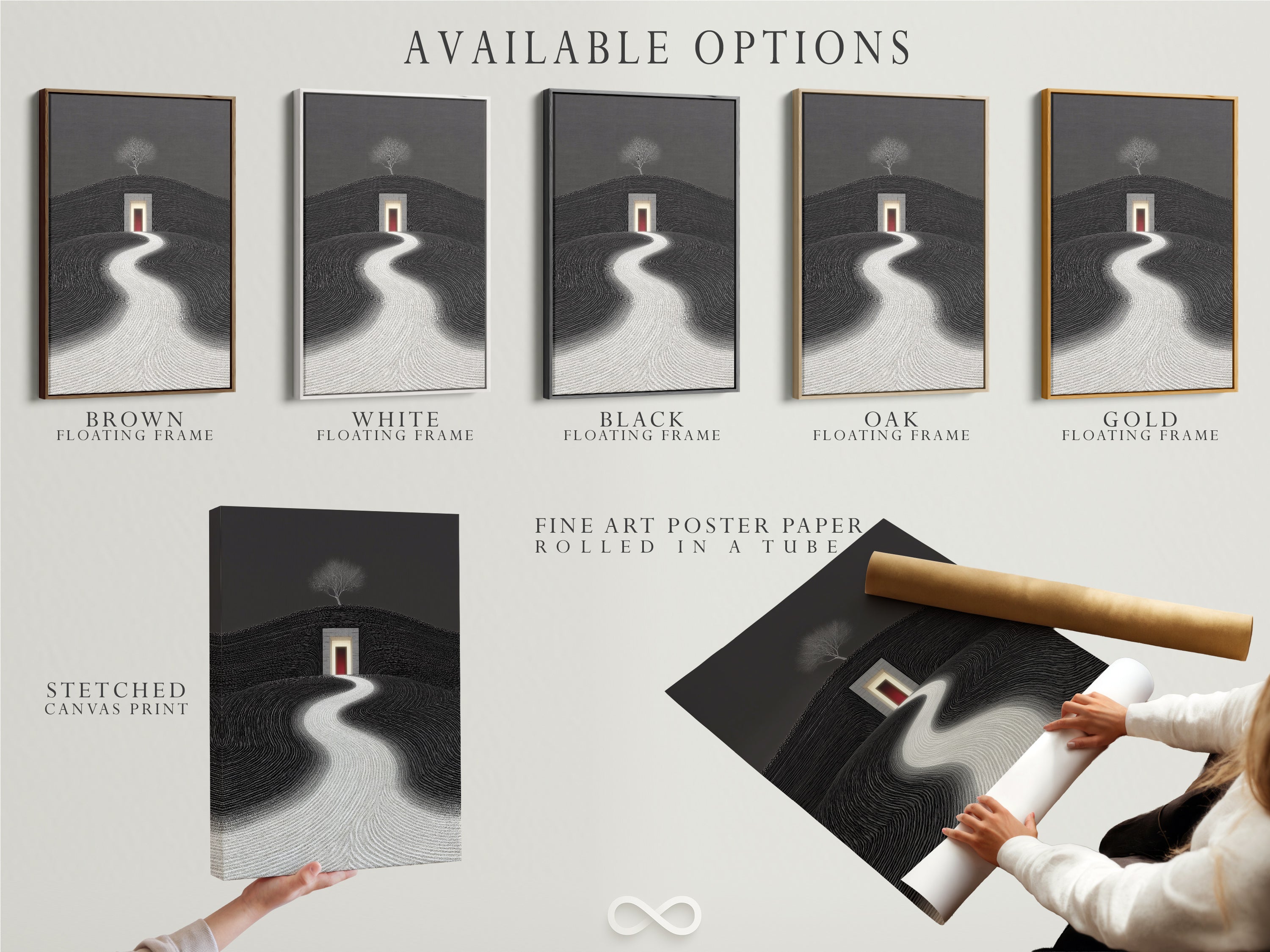 Explore available options for minimalist landscape art. Choose between stretched canvas prints fine art poster paper and floating frames. The surreal path artwork enhances your home decor. Discover black and white geometric decor today.