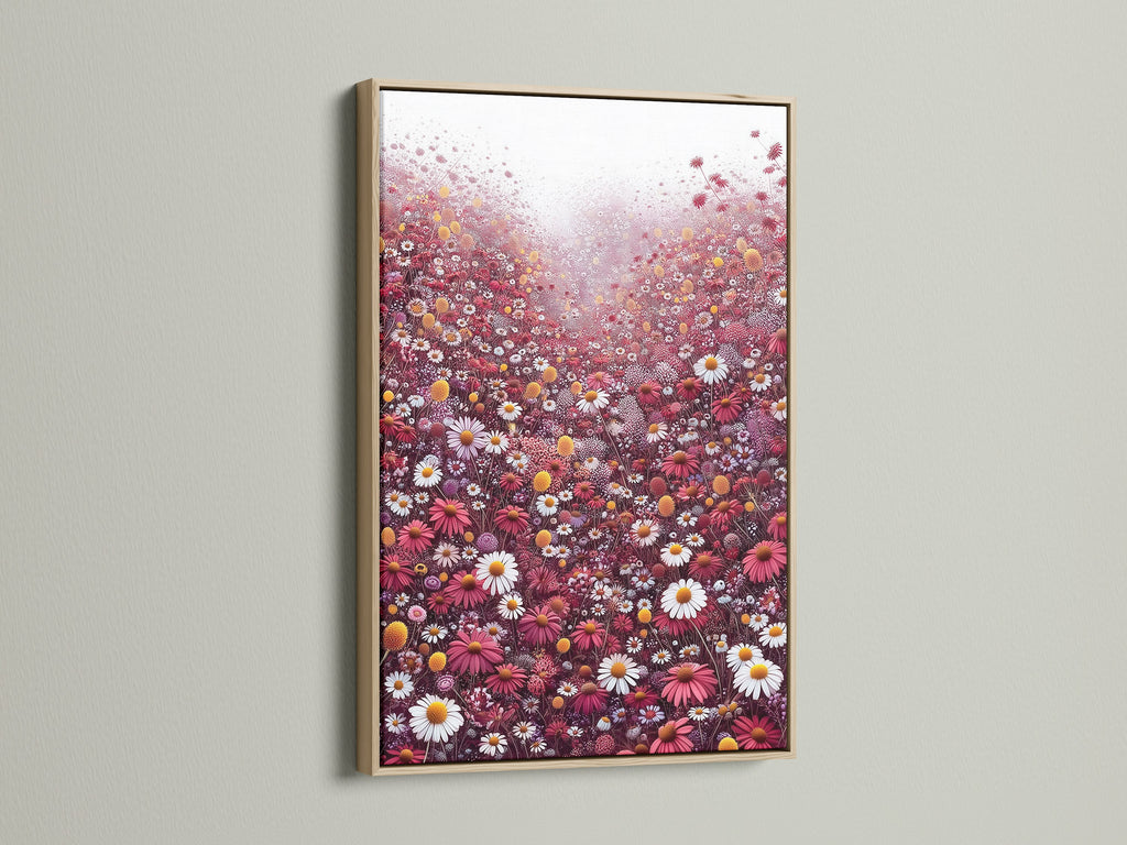 A close-up view of a floral meadow canvas artwork in an oak frame. The artwork captures a beautiful scene of red and white wildflowers. Ideal botanical wall decor for living rooms. Enhance your home with this wildflower print that complements farmhouse and eclectic styles.