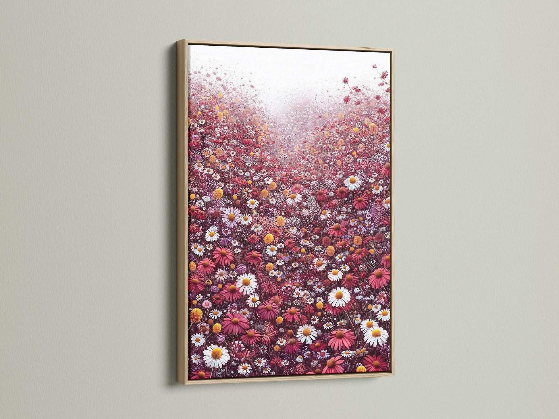 A close-up view of a floral meadow canvas artwork in an oak frame. The artwork captures a beautiful scene of red and white wildflowers. Ideal botanical wall decor for living rooms. Enhance your home with this wildflower print that complements farmhouse and eclectic styles.