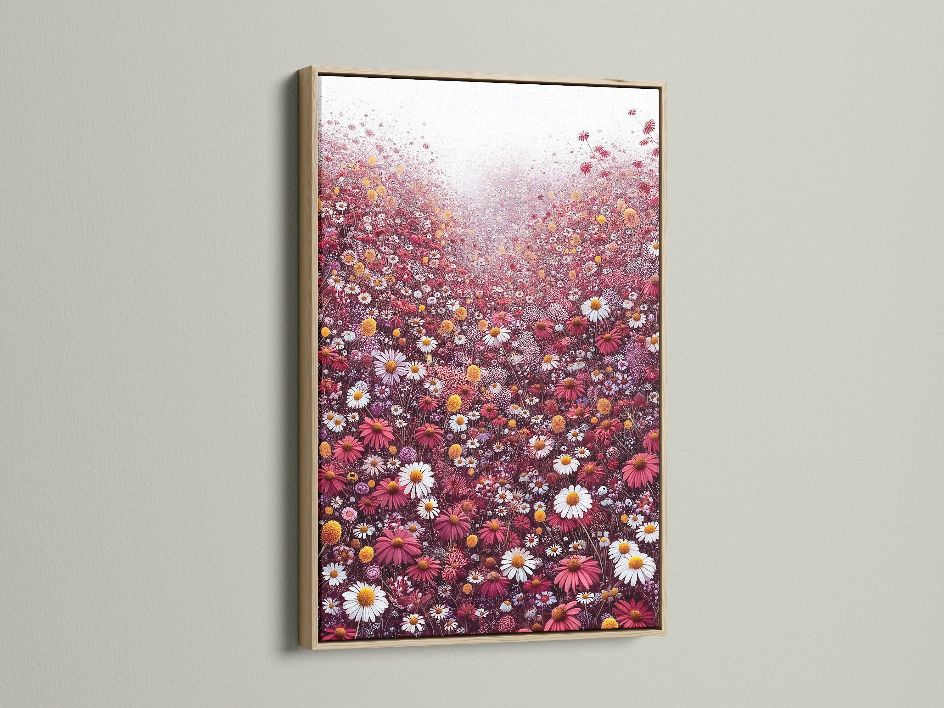 A close-up view of a floral meadow canvas artwork in an oak frame. The artwork captures a beautiful scene of red and white wildflowers. Ideal botanical wall decor for living rooms. Enhance your home with this wildflower print that complements farmhouse and eclectic styles.