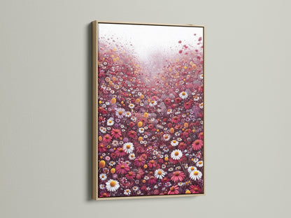 A close-up view of a floral meadow canvas artwork in an oak frame. The artwork captures a beautiful scene of red and white wildflowers. Ideal botanical wall decor for living rooms. Enhance your home with this wildflower print that complements farmhouse and eclectic styles.