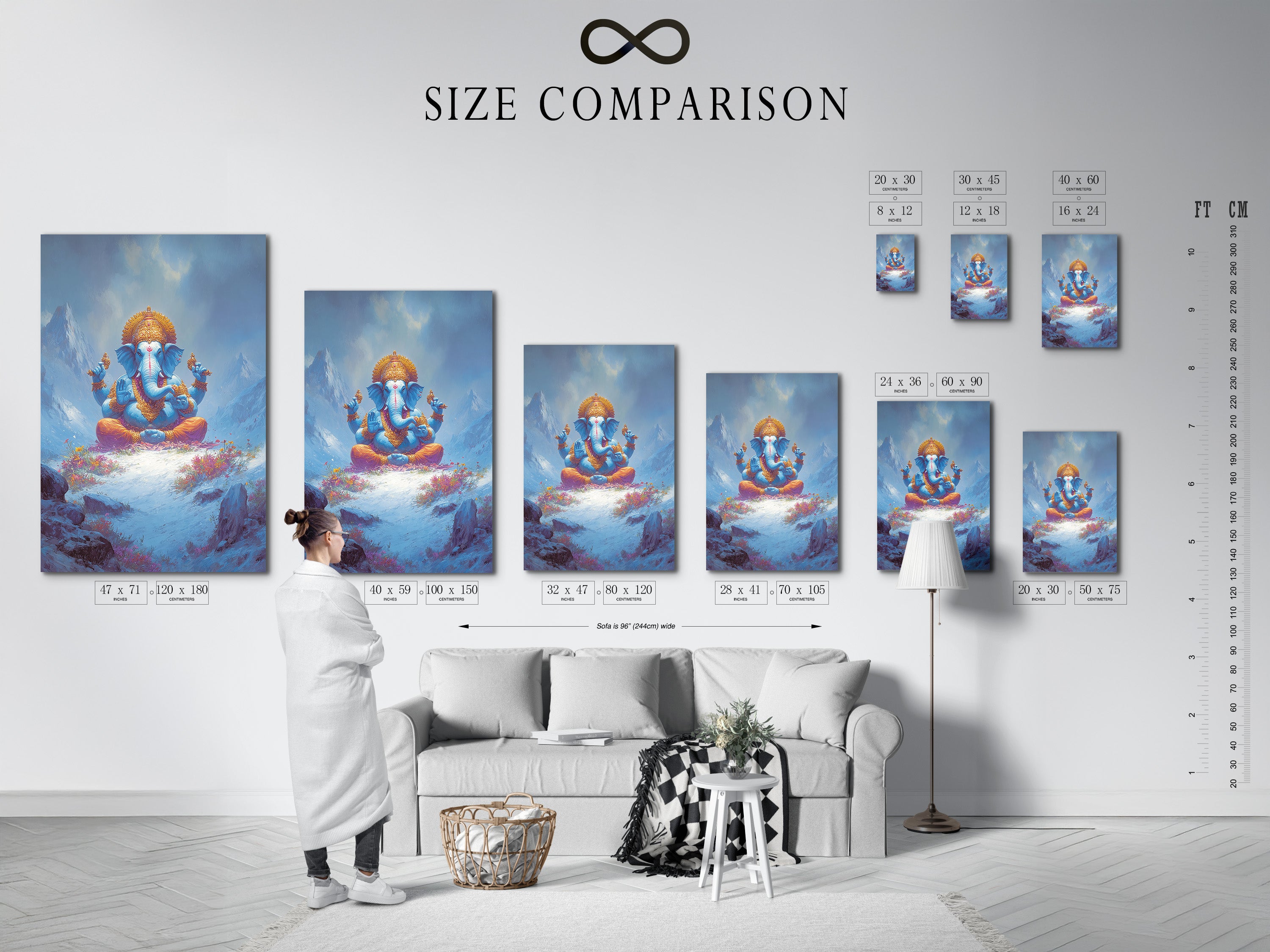 Size comparison chart in an interior setting. See how the Ganesha artwork fits your space. Available in various sizes for canvas prints. Perfect for meditation rooms and yoga studios. Find the ideal fit for your spiritual art.