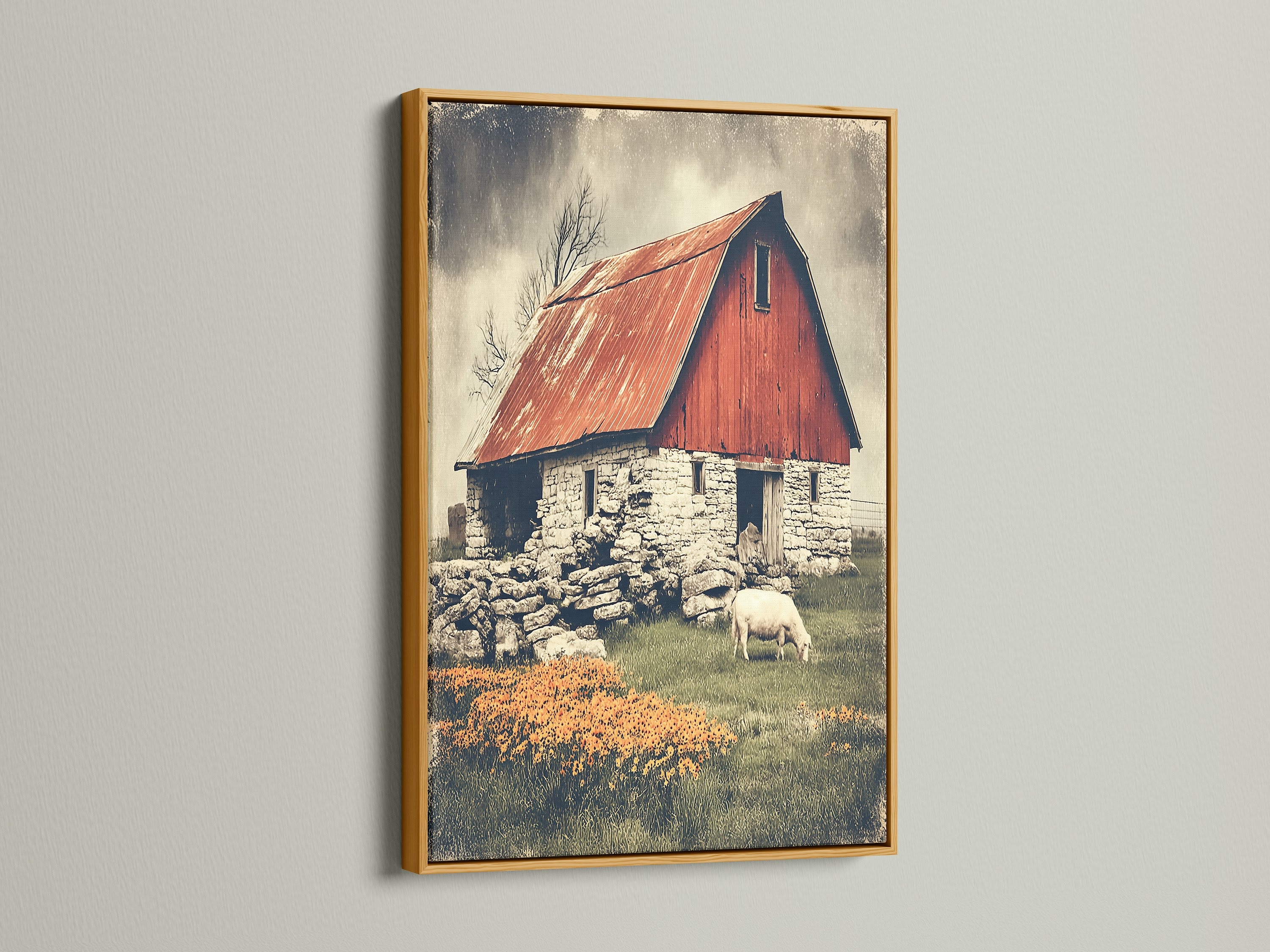 Rustic barn canvas print with a gold frame. This artwork showcases a vintage red barn and sheep art. Elevate your farmhouse decor with our stunning country art prints. Add a touch of rustic charm to your dining room art. Perfect for living room wall art.