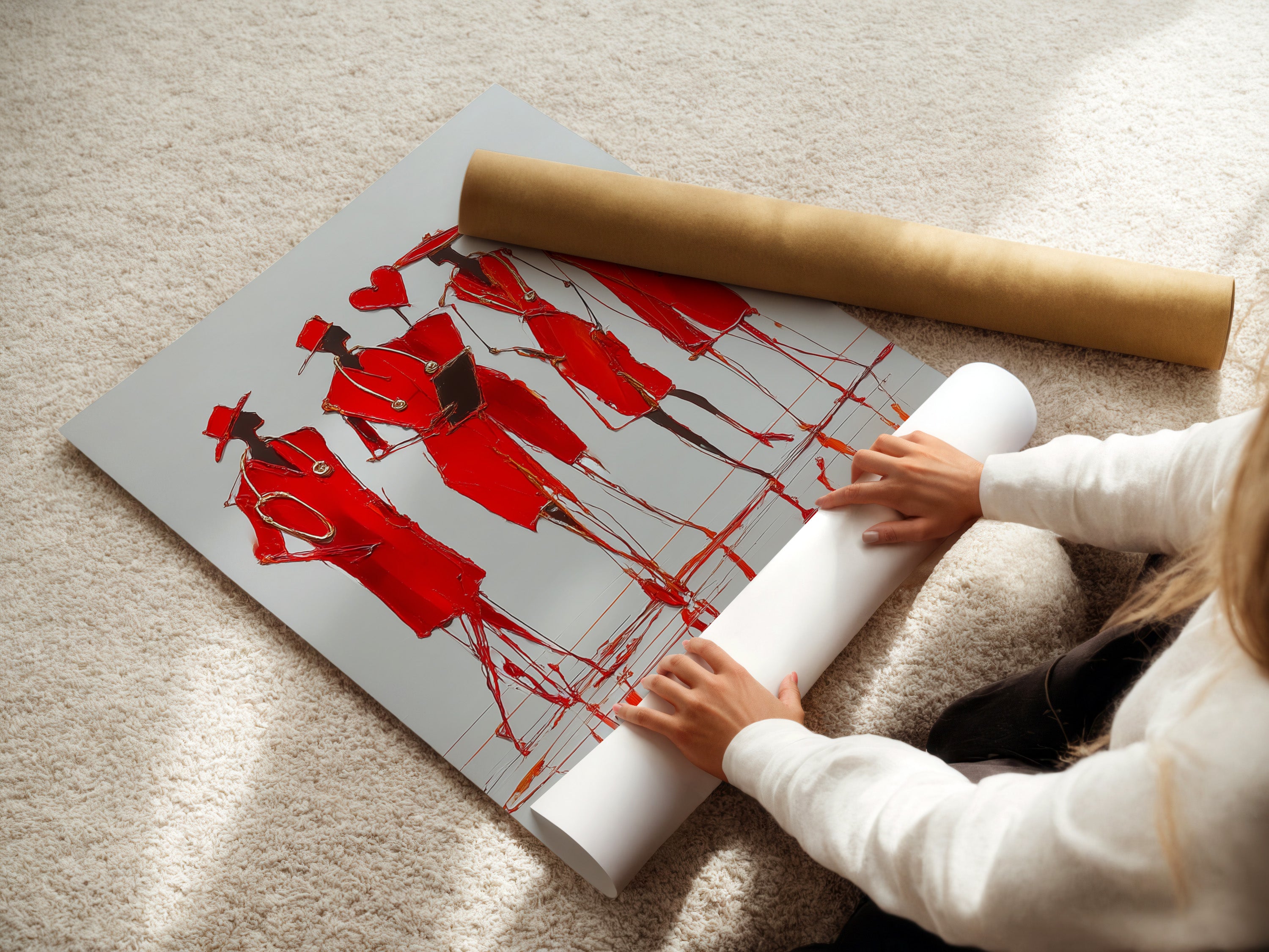 A woman carefully rolls a fine art poster paper. The paper showcases Red Fashion Sketch Art. This contemporary figure drawing is perfect for creating stylish wall art. Great for posters.