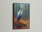 See a heron canvas print in a sleek black frame. The teal and orange bird artwork brings modern nature into your space. A stylish choice for living rooms offices and more. Find heron decor and wildlife art to complement your interior. This artwork elevates any wall.