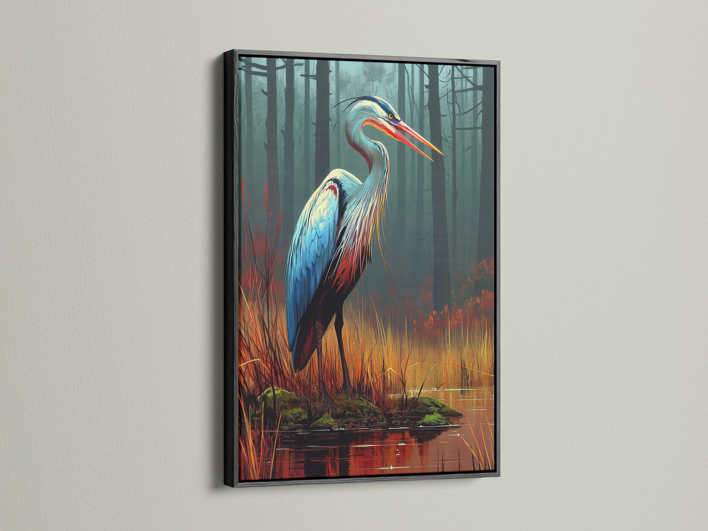 See a heron canvas print in a sleek black frame. The teal and orange bird artwork brings modern nature into your space. A stylish choice for living rooms offices and more. Find heron decor and wildlife art to complement your interior. This artwork elevates any wall.