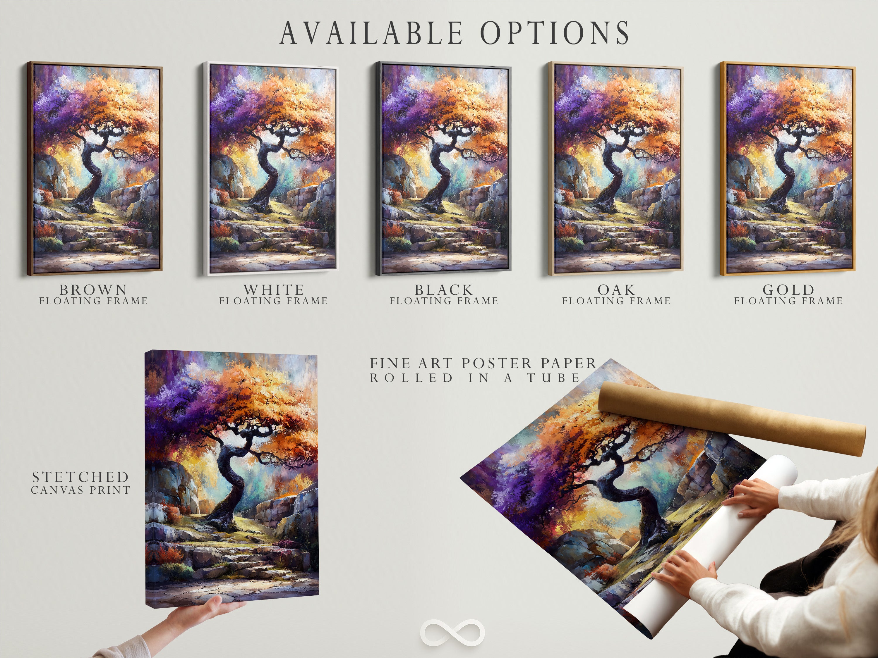 Available options: stretched canvas print fine art poster paper and floating frame. Choose the best option for your mystical tree artwork. This fantasy landscape wall art is customizable. The colorful nature artwork is versatile.