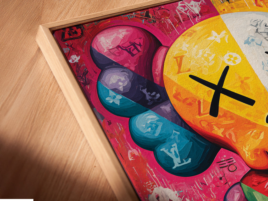 Close-up of a KAWS Companion canvas print in a floating frame. This street art wall decor makes a bold statement. The pop art graffiti poster enhances modern interiors. Urban art print for trendsetters.