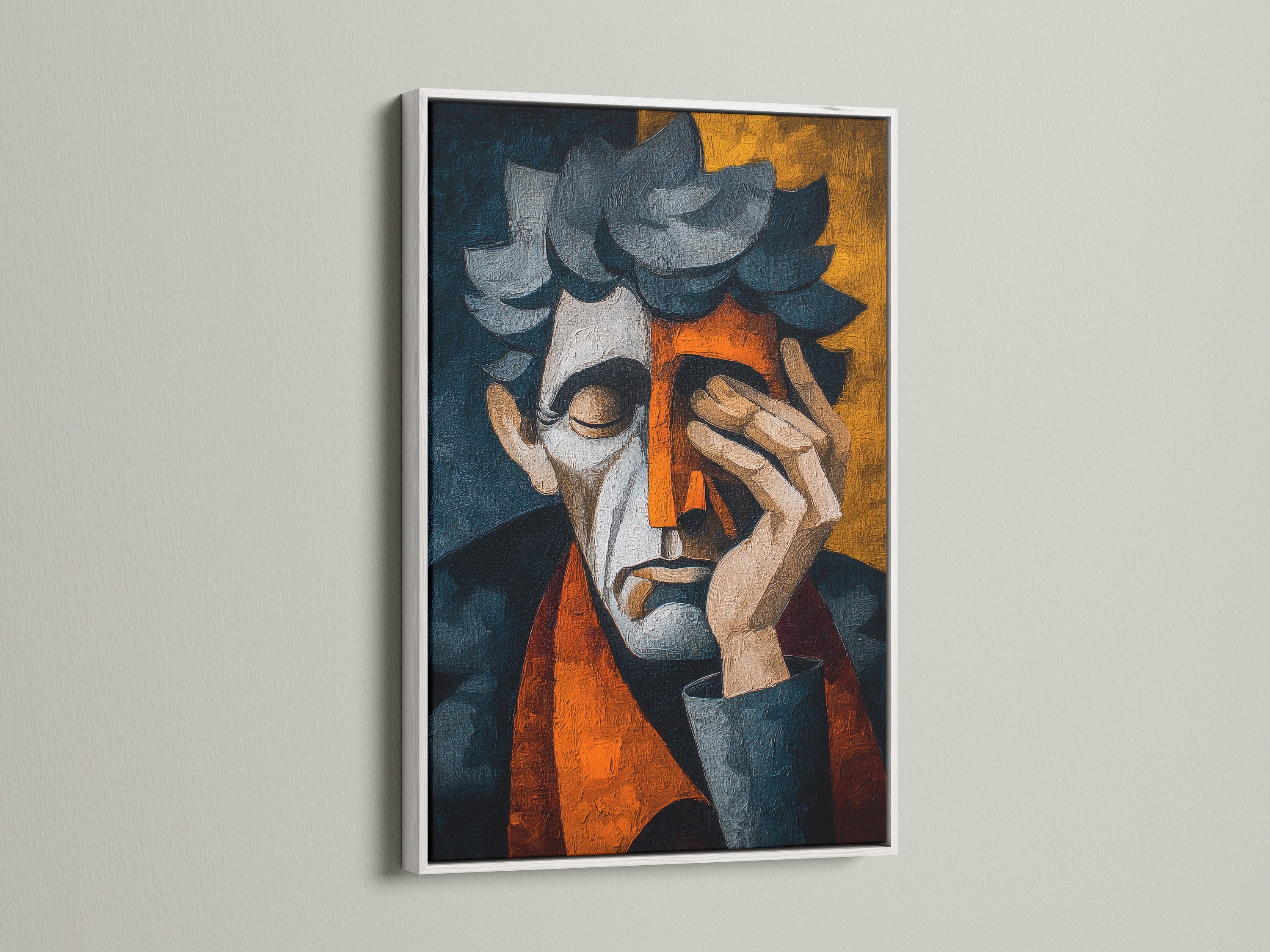 Artwork in a white frame. The white frame offers a clean and modern look. This artwork is a great fit for minimalist interiors. The white frame blends seamlessly with the wall. The art piece becomes the focal point. The bright white frame complements the art.