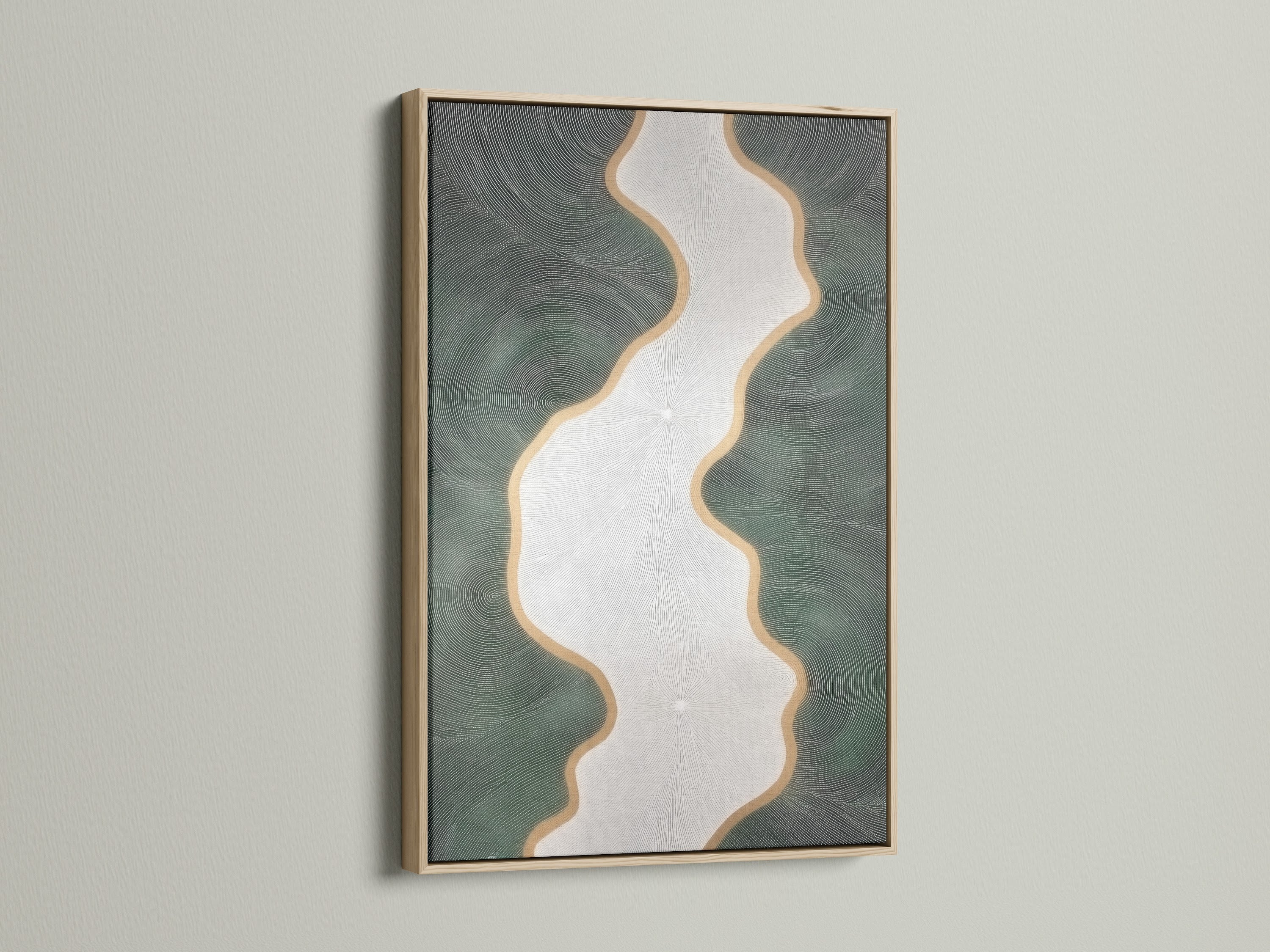 The sage green abstract river art is framed in oak. The organic modern art features flowing lines and gold accents. The oak frame enhances the artwork's natural appeal. This piece is perfect for minimalist contemporary or Scandinavian interiors. It's well-suited for living rooms bedrooms offices spas boutiques and waiting rooms.