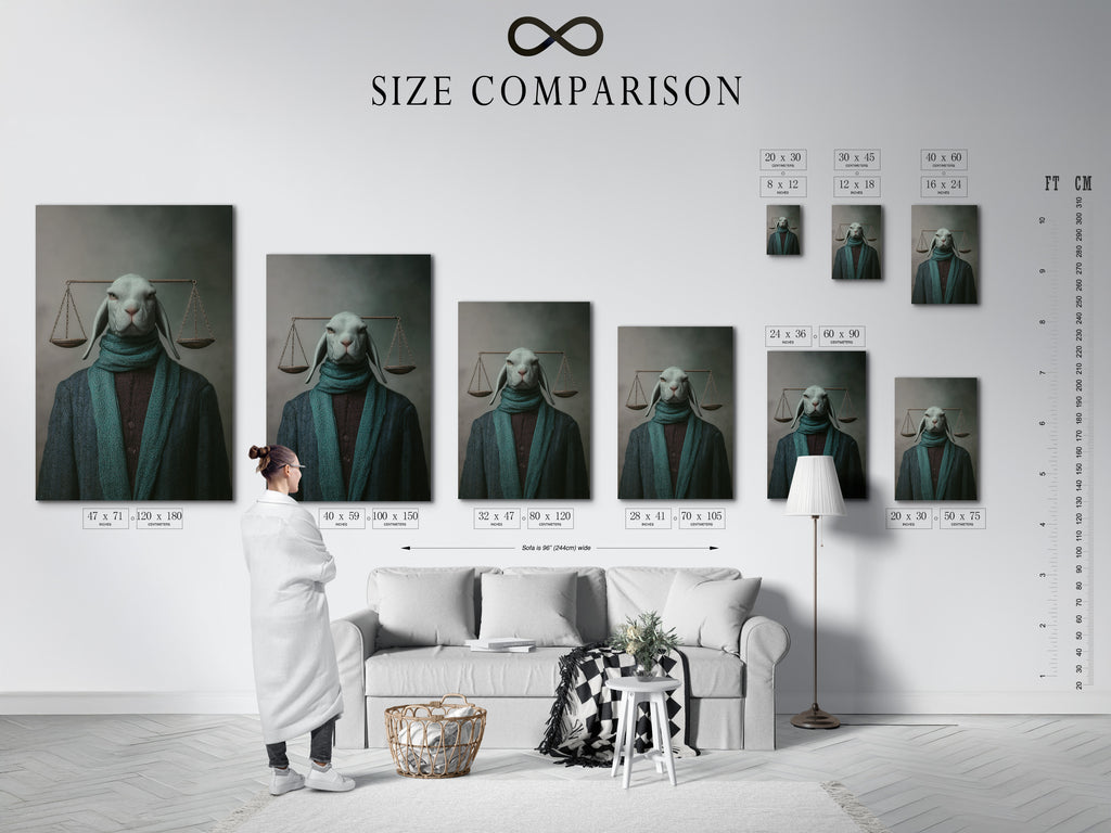 A size comparison chart showcases the Justice Rabbit artwork. Visualize how this piece fits in your interior space. Available in multiple sizes to suit your decor needs. Perfect for law offices libraries and home offices.