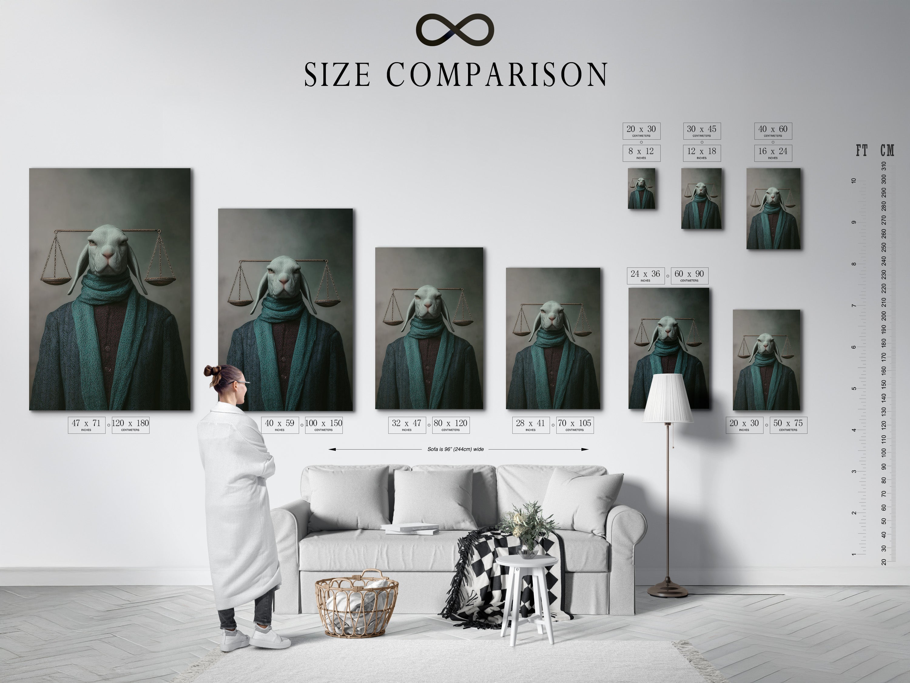 A size comparison chart showcases the Justice Rabbit artwork. Visualize how this piece fits in your interior space. Available in multiple sizes to suit your decor needs. Perfect for law offices libraries and home offices.
