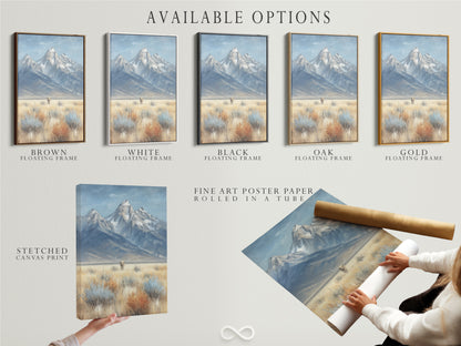 Available options include stretched canvas prints fine art poster paper and floating frames for the mountain and highland cattle artwork. Choose the perfect format for your rustic farmhouse wall art. Customize your countryside artwork to suit your personal style.
