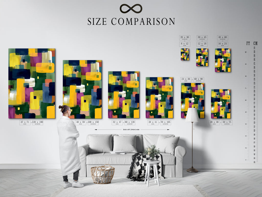 A size comparison chart is shown in an interior setting. The chart helps visualize how different sizes of abstract colorful artwork will look in your home. The artwork is a modern geometric print with brushstrokes in yellow blue and purple.