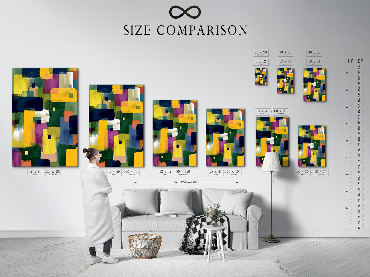 A size comparison chart is shown in an interior setting. The chart helps visualize how different sizes of abstract colorful artwork will look in your home. The artwork is a modern geometric print with brushstrokes in yellow blue and purple.