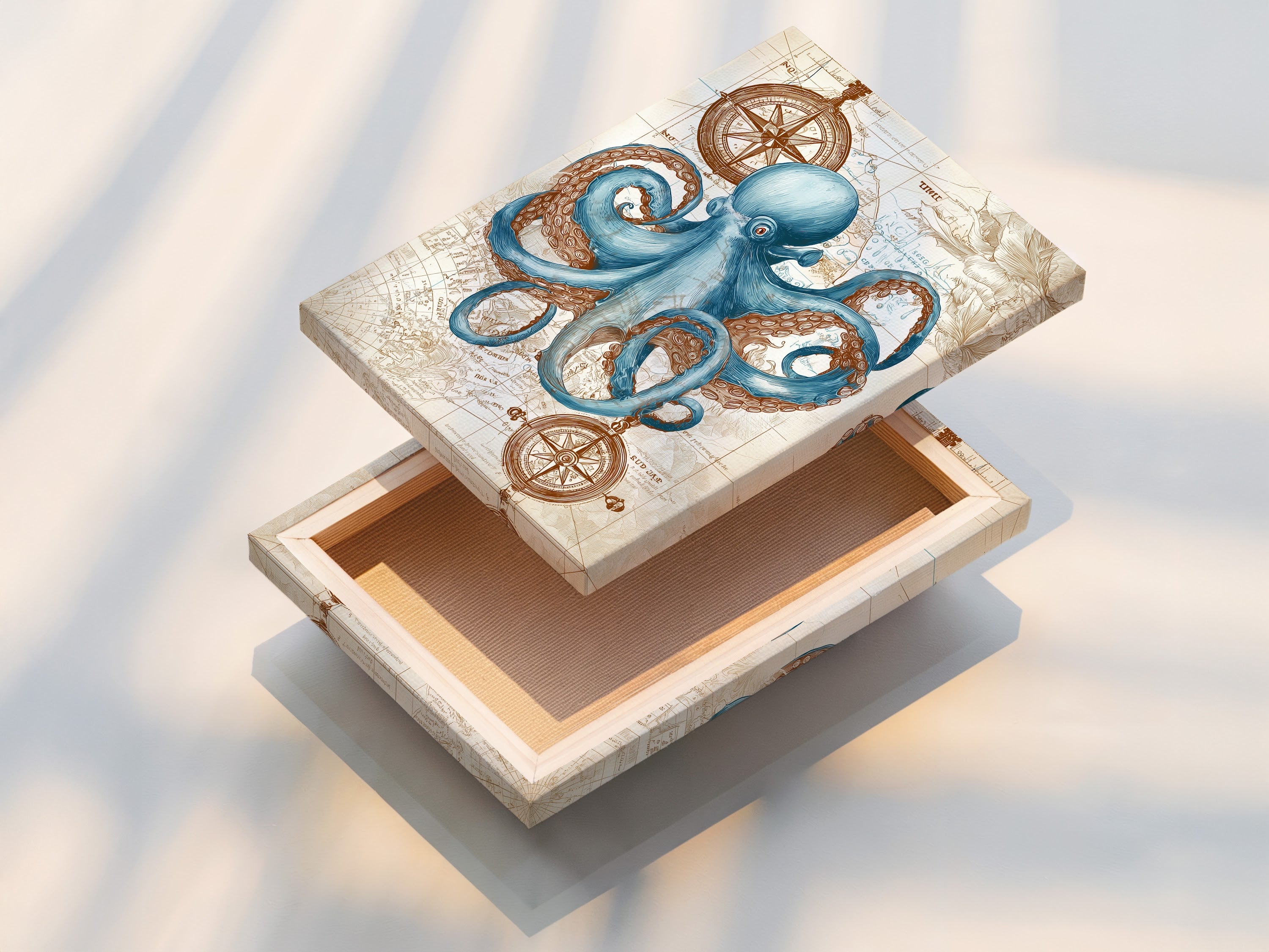 This stretched canvas print showcases a stunning blue octopus artwork. The art is set against a detailed nautical map. The stretched canvas provides a gallery-quality look. This piece is ready to hang and adds an artistic touch to any space. Perfect for art enthusiasts and home decor aficionados