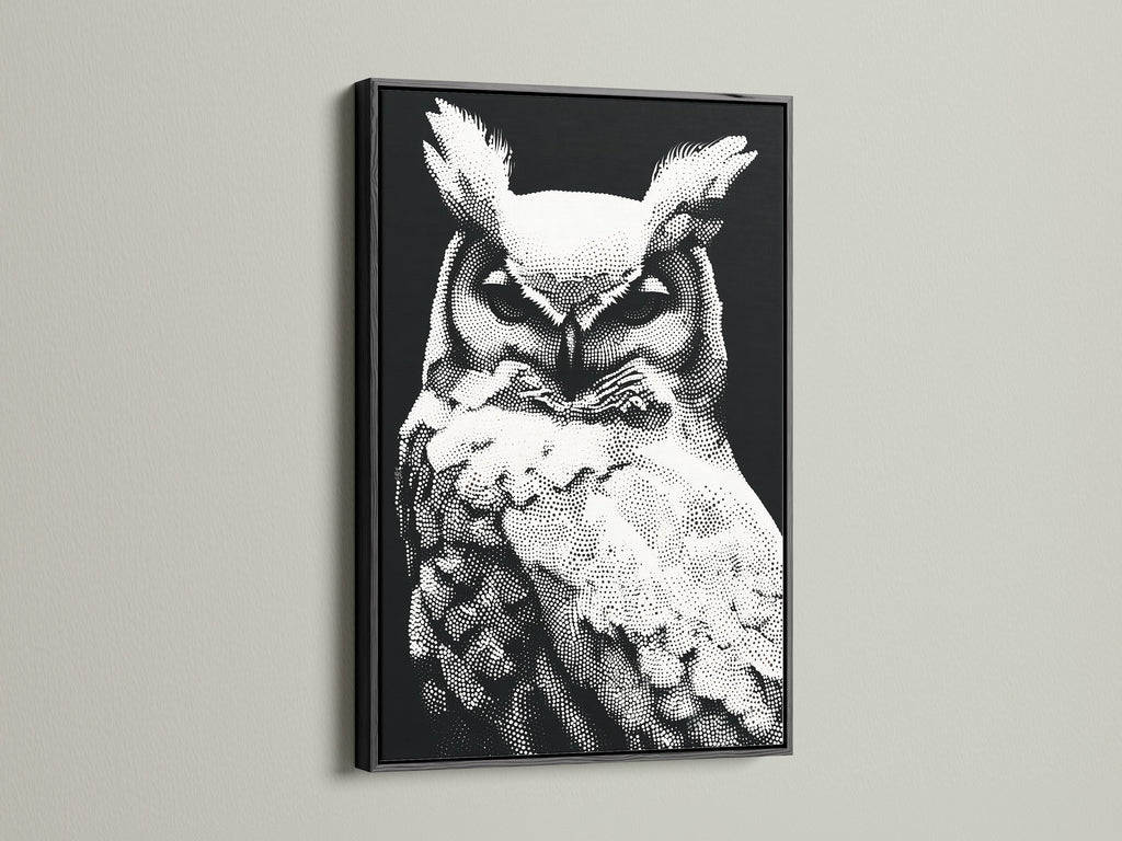 This black frame highlights the owl artwork perfectly. The contrast enhances the black and white print. The wildlife art piece adds a modern touch to any wall. The dotted art style of the owl canvas stands out. A minimalist animal artwork suitable for any room.