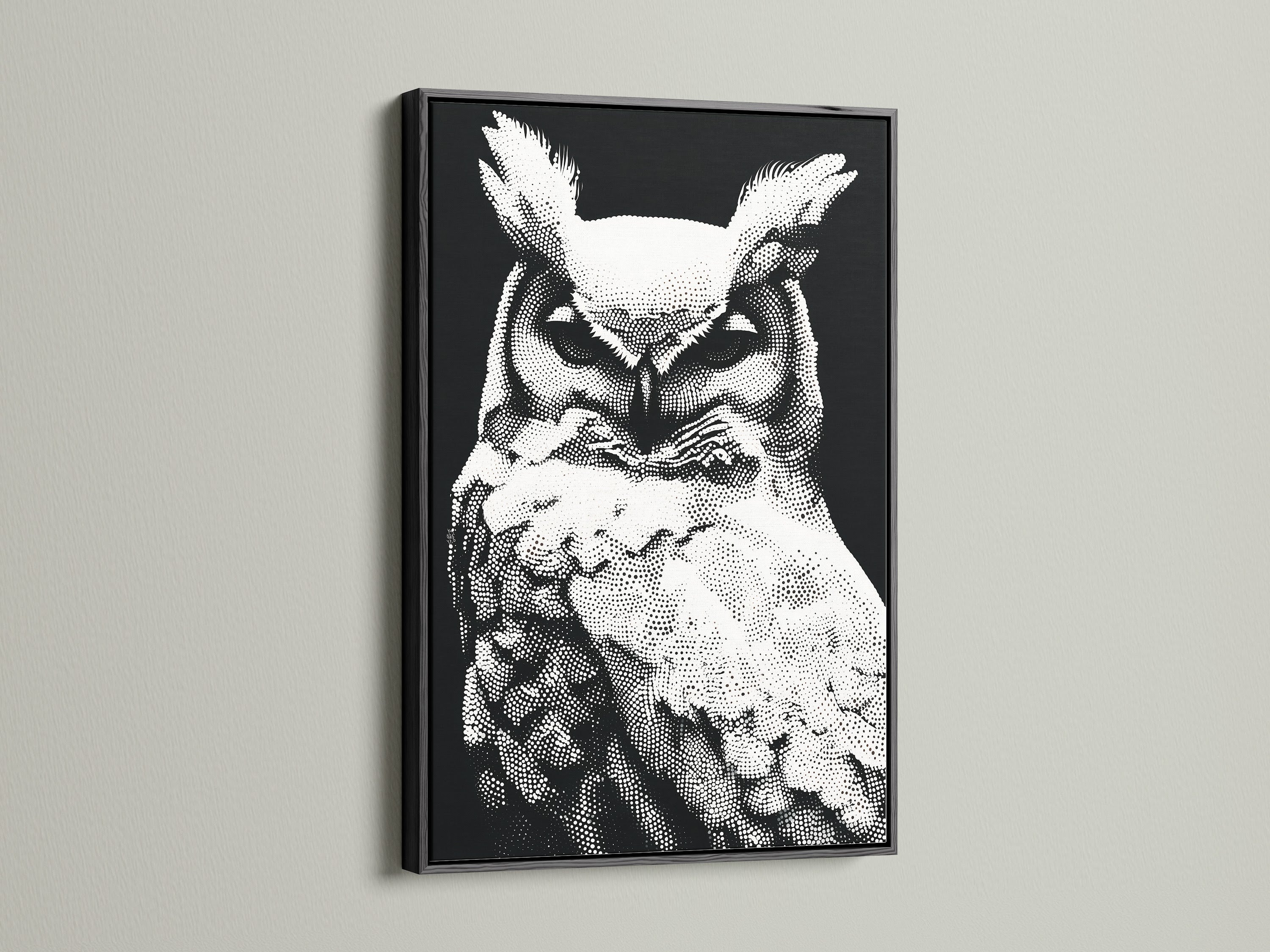 This black frame highlights the owl artwork perfectly. The contrast enhances the black and white print. The wildlife art piece adds a modern touch to any wall. The dotted art style of the owl canvas stands out. A minimalist animal artwork suitable for any room.