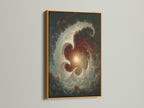 Celestial Vortex abstract galaxy wall art is displayed in a gold frame. The vortex print is a unique piece of fantasy art. The dark academia style makes a unique gift for a student. It is perfect for scholars.