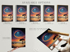 Available options include stretched canvas prints fine art poster paper and floating frames. Choose your preferred format for this surreal landscape. The celestial sky artwork brings a cosmic touch to any room.