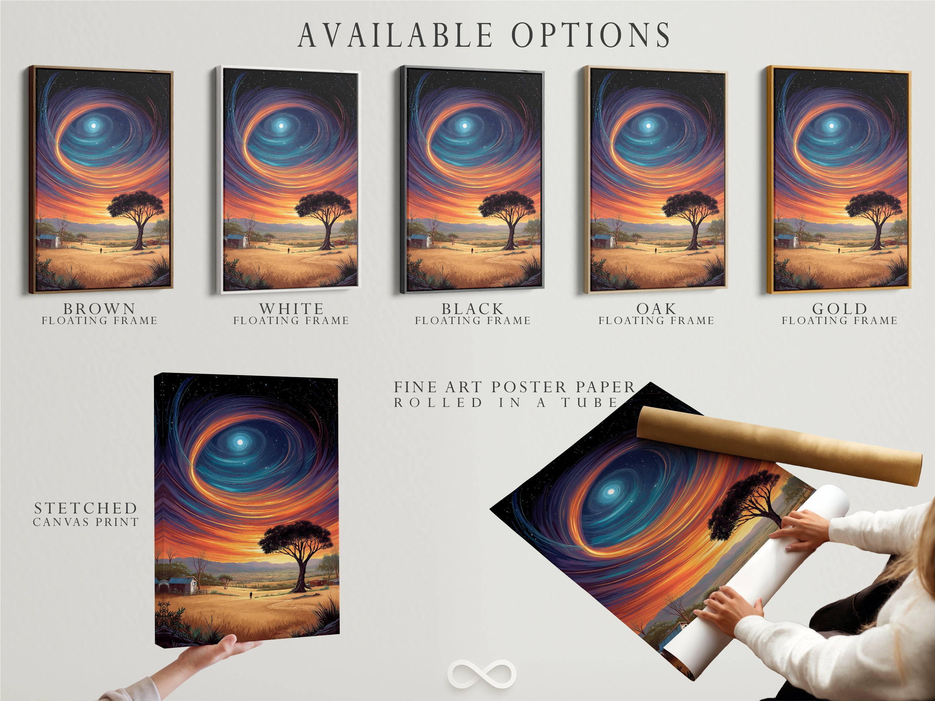 Available options include stretched canvas prints fine art poster paper and floating frames. Choose your preferred format for this surreal landscape. The celestial sky artwork brings a cosmic touch to any room.