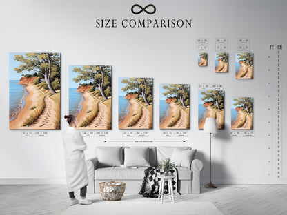 Size comparison chart in an interior setting featuring Coastal Beach Artwork. This serene ocean view print captures a sandy shoreline. Ideal for coastal cottage decor. Visualize the perfect fit for your space with various sizes available.