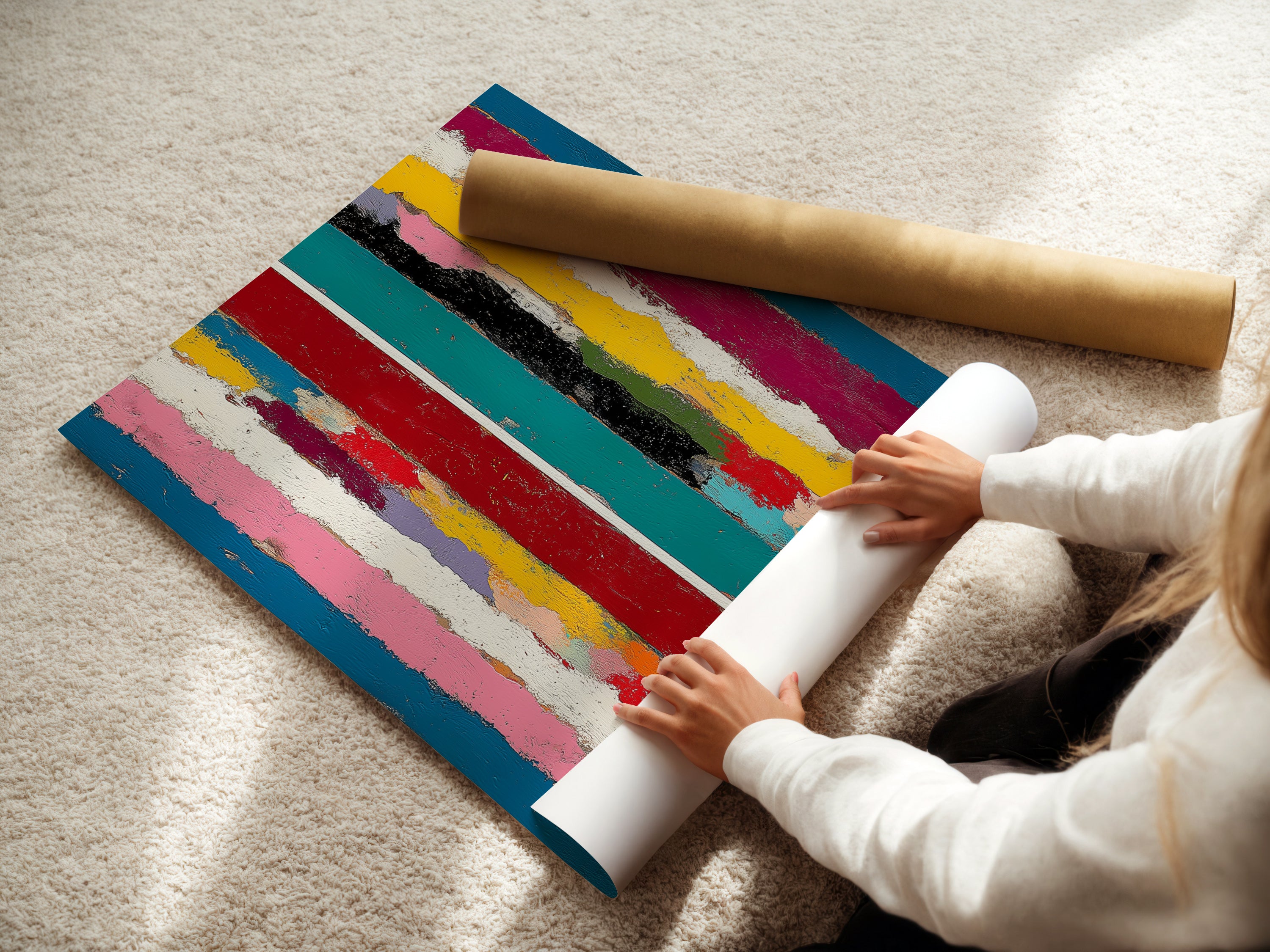 A woman rolls fine art poster paper showcasing the care and quality of the product. This paper is perfect for creating stunning abstract stripe artwork prints. Ideal for homeowners renters and interior decorators seeking elevated wall decor.