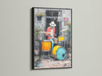 Jazz Drummer art with a black frame. The urban music wall art is a great addition to any music studio. The modern musician artwork is a cool toned piece. Elevate your space with this jazz art print.