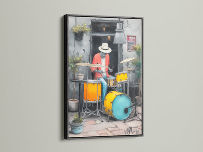 Jazz Drummer art with a black frame. The urban music wall art is a great addition to any music studio. The modern musician artwork is a cool toned piece. Elevate your space with this jazz art print.