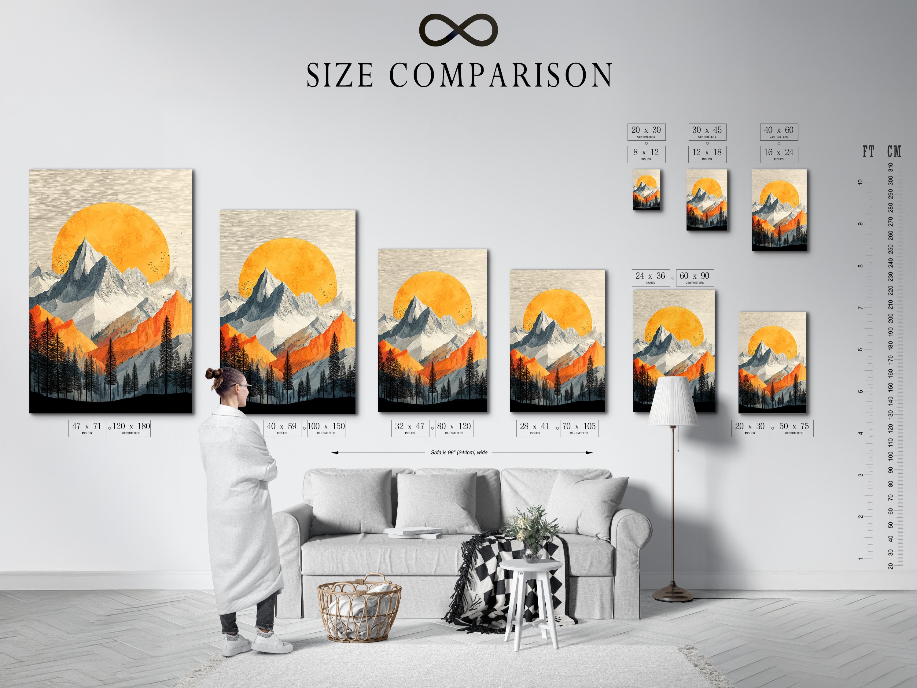 Size comparison chart displayed in an interior setting. Showcasing the Mountain Sunset artwork in various sizes. This vintage alpine wall art fits perfectly in any space. Choose the ideal size for your nature wall decor. Enhance your home office or bedroom with this piece.