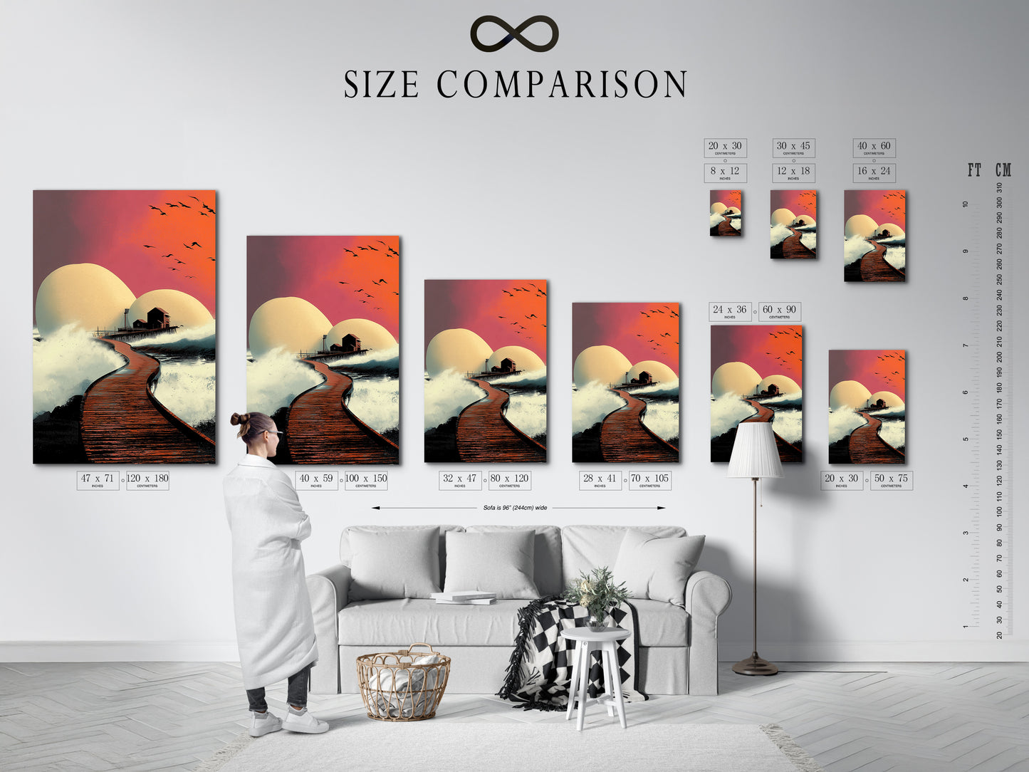 A size comparison chart in an interior setting showcases various dimensions of the modern coastal artwork. The sunset pier scene features a house on a pier with an orange and pink sky. Perfect for beach houses and lobbies. Find the perfect fit for your space with this coastal artwork.