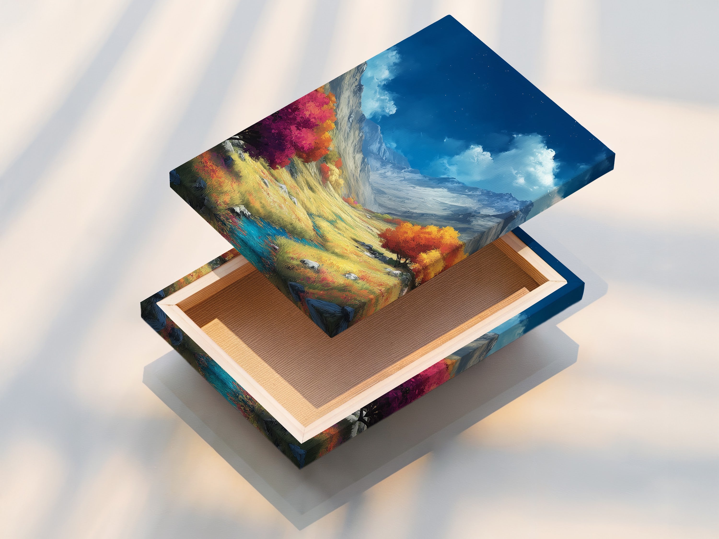 A stretched canvas print of a Mountain Valley landscape. The artwork captures the beauty of autumn. Vibrant fall colors enhance the scene. The stretched canvas is ready to hang. It's perfect for adding scenic nature to your home decor. Enjoy the mountain vista every day.