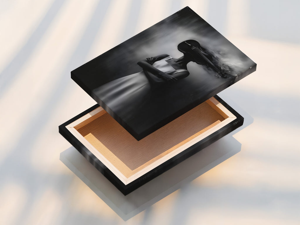 A stretched canvas print of the surreal woman artwork. The black and white photography provides a modern look. This fine art print enhances any wall. Ideal for music teachers and art lovers alike