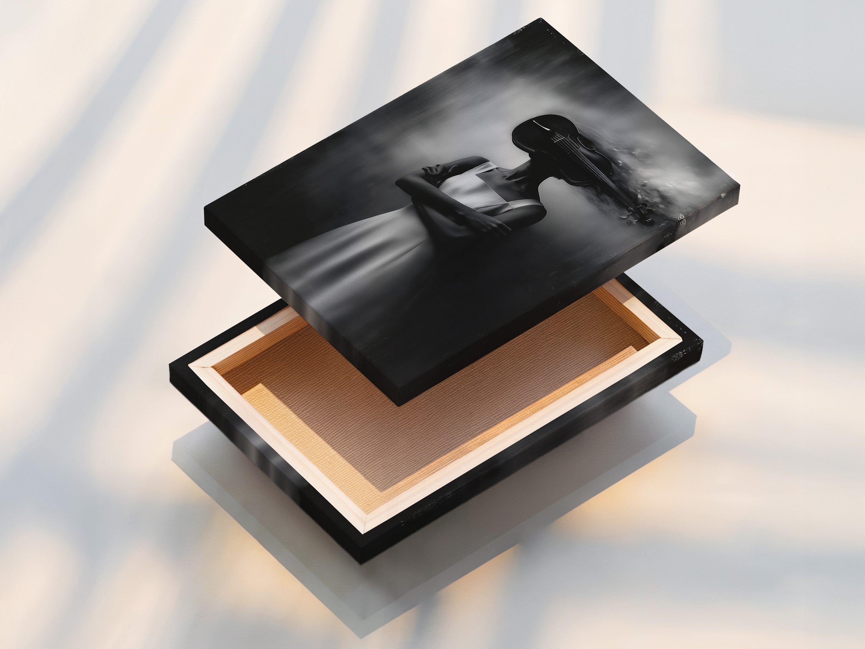 A stretched canvas print of the surreal woman artwork. The black and white photography provides a modern look. This fine art print enhances any wall. Ideal for music teachers and art lovers alike