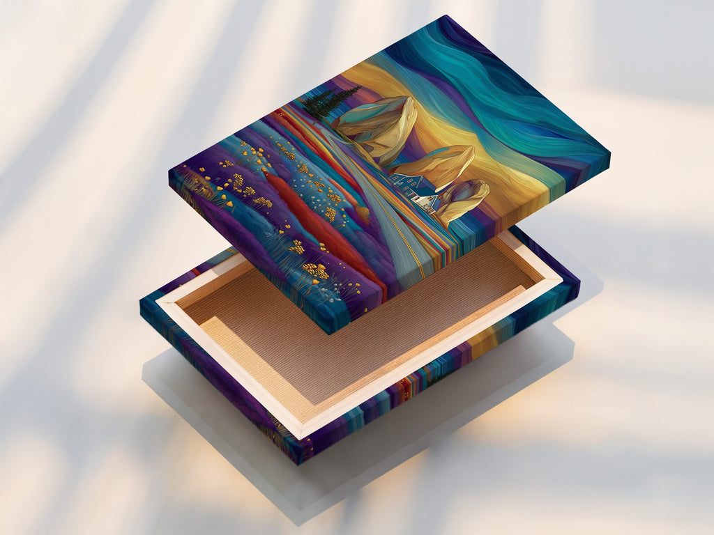 A stretched canvas print featuring a stylized seascape. The artwork showcases teal and purple colors. Ideal for modern coastal art. Enhances any room as a landscape canvas or nautical wall art.