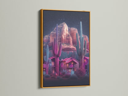 Neon cactus artwork featuring a desert landscape inside a gold frame. The artwork showcases a southwestern scene with vibrant pink and teal hues. This vibrant wall art brings desert vibes to any space. Perfect for southwestern decor and modern homes.