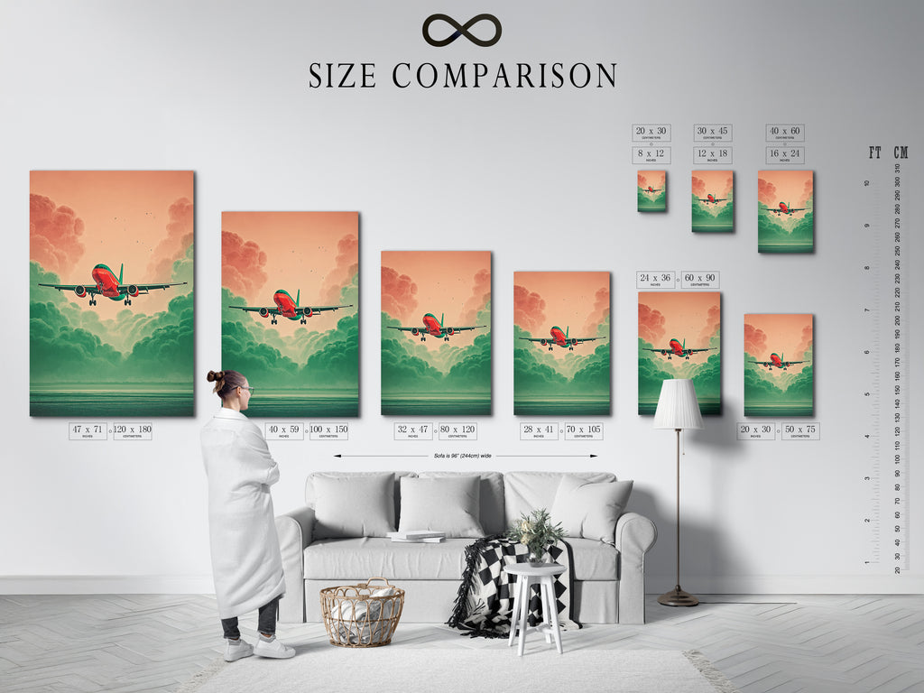 A size comparison chart in an interior setting. This chart helps visualize the aviation artwork. See how the teal and coral sky poster fits your space. Choose the perfect size for your modern art print. This travel poster enhances living rooms and offices. Find the ideal fit today