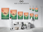 A size comparison chart in an interior setting. This chart helps visualize the aviation artwork. See how the teal and coral sky poster fits your space. Choose the perfect size for your modern art print. This travel poster enhances living rooms and offices. Find the ideal fit today
