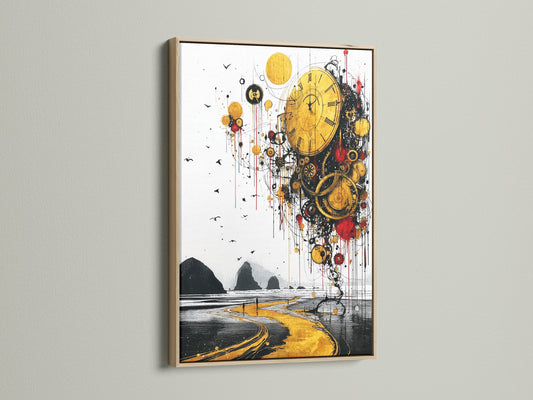 A close-up view of an oak frame. This frame elegantly showcases surreal time artwork. The natural wood grain enhances abstract clock art. Consider this frame for your golden landscape poster. It's a versatile choice for steampunk wall art adding warmth and character.