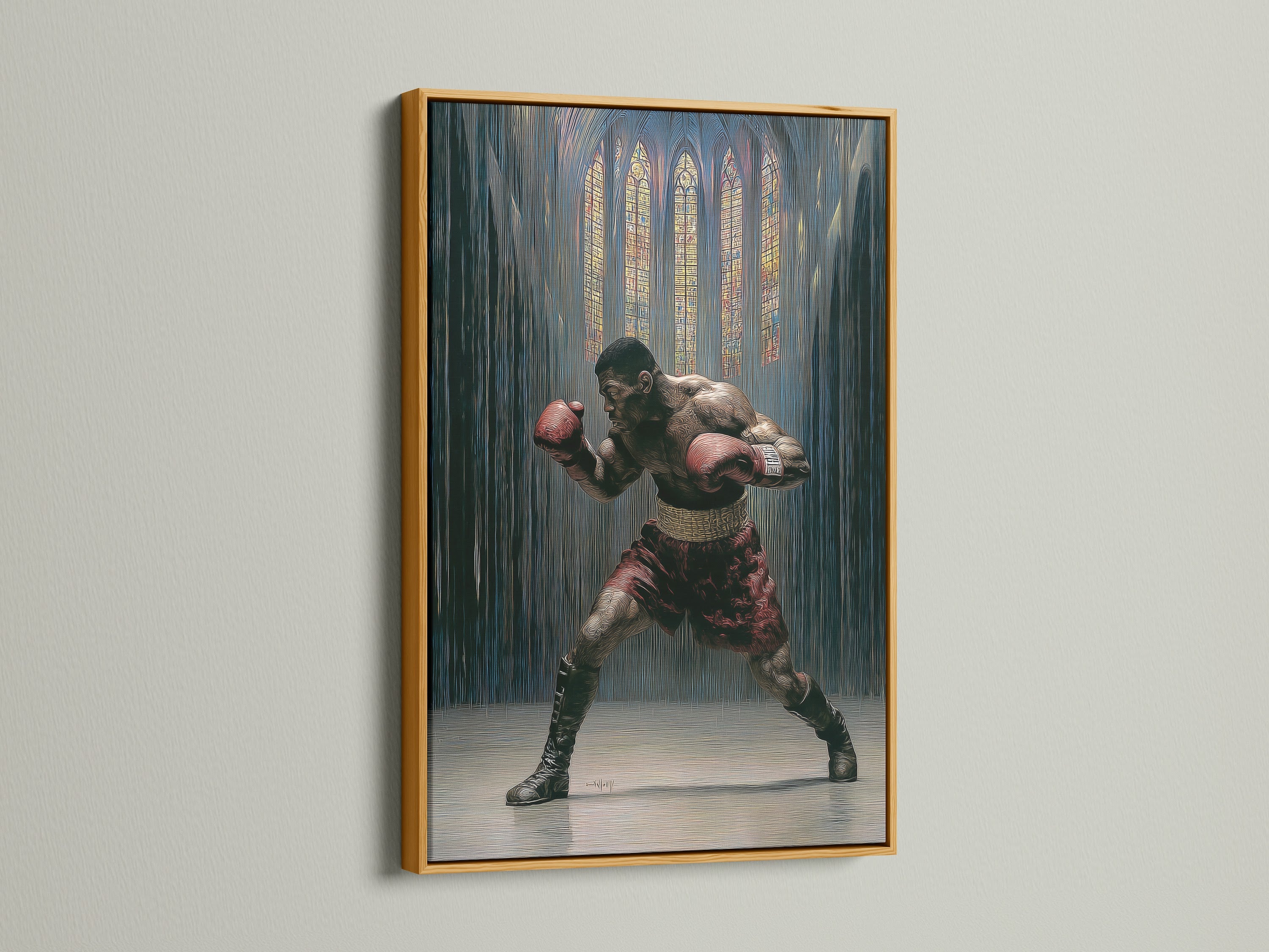 Vintage boxing artwork with a gold frame is displayed. The gothic sports canvas print adds luxury to any space. Fighter wall art that enhances man cave decor. Elevate your sports room decor with this unique piece. This boxing artwork makes a statement. The gold frame adds a touch of elegance.