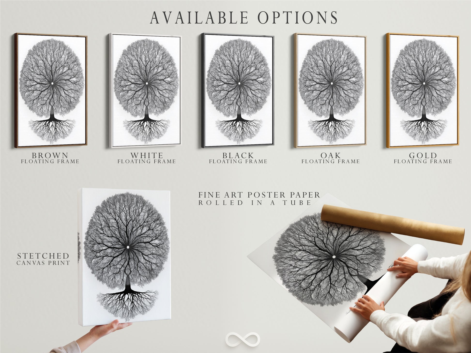 Available options for the Tree of Life artwork. Choose from a stretched canvas print a fine art poster paper or a floating frame. Customize your spiritual decor to match your personal style. Enhance your home today.