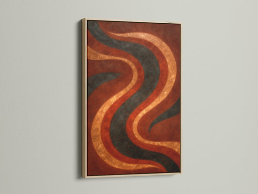 The abstract wave artwork is displayed in an oak frame. The earthy rust orange and sage green colors complement minimalist decor. This retro 70s print adds a bohemian touch to any room. Elevate your wall decor today.