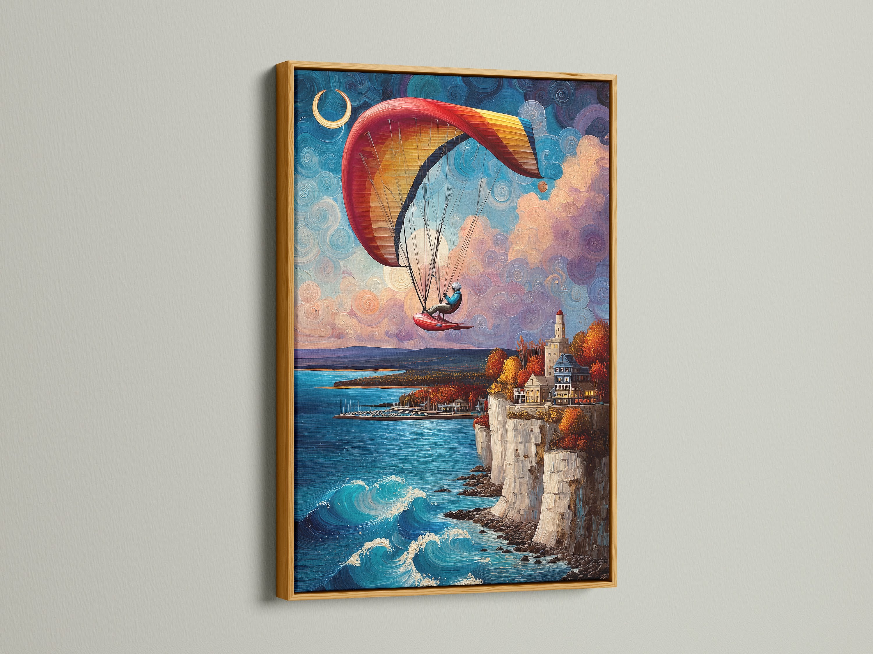 The paragliding artwork is framed in a luxurious gold frame. The artwork displays a coastal cliffside scene with a paraglider in the sky. The gold frame adds a touch of elegance and sophistication. The artwork brings a sense of coastal charm to any room. This artwork is perfect for adding a touch of luxury to your home or office.
