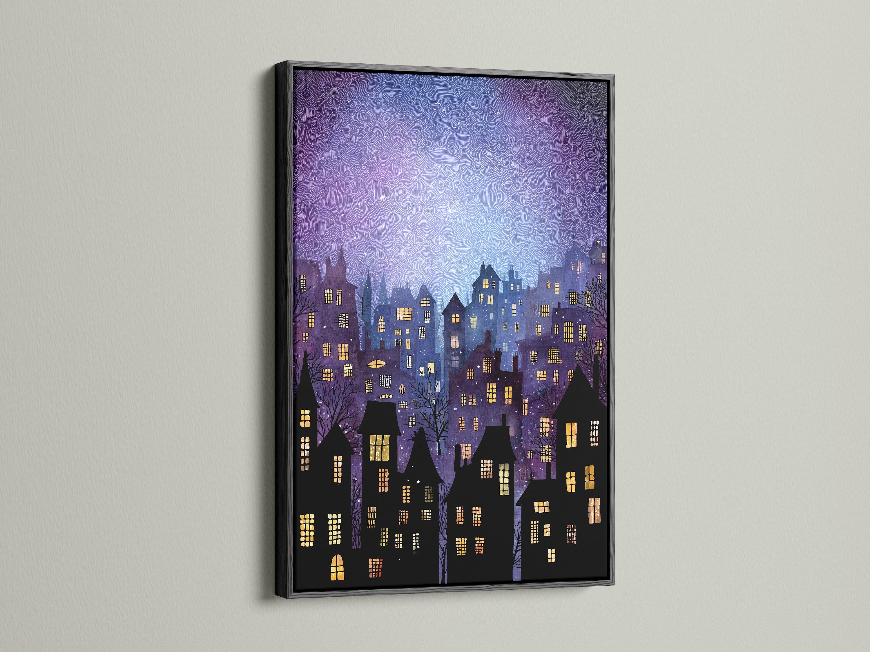 This is a black frame. It holds artwork of a whimsical cityscape. The buildings are silhouetted against a starry sky. The artwork has glowing windows. The black frame adds a touch of elegance to the piece. Perfect for a sophisticated and modern aesthetic.