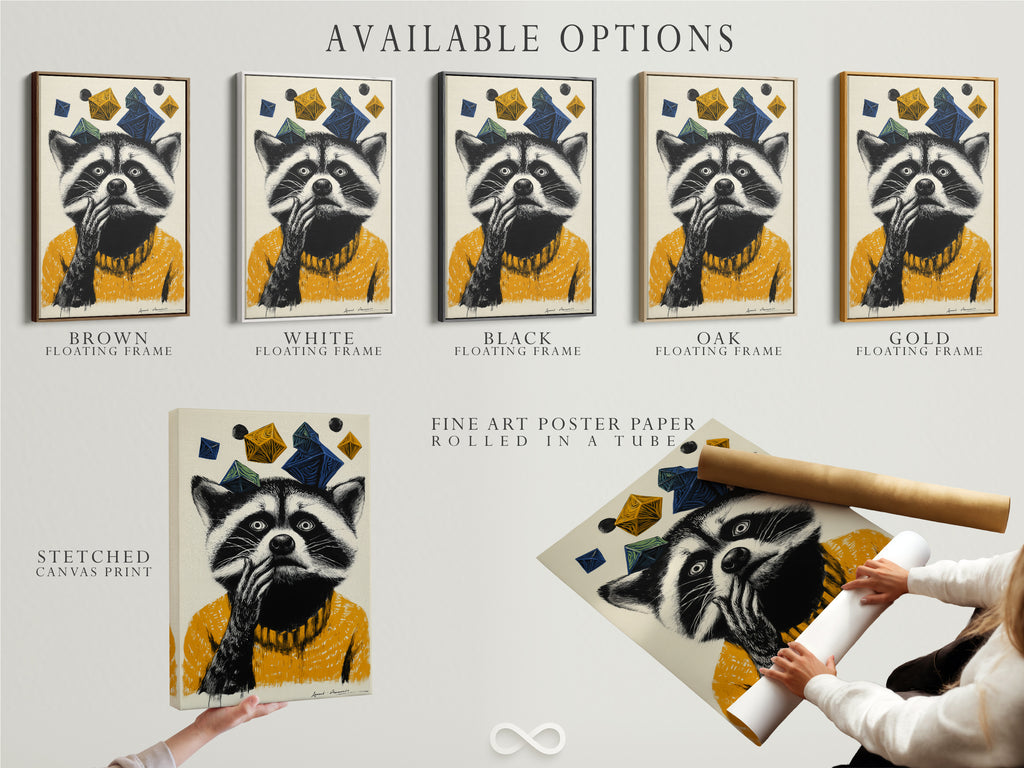 Available options are showcased for the raccoon artwork. Choose from a stretched canvas print a fine art poster paper or a floating frame. This whimsical animal wall art is perfect for kids room decor. Customize your art to match your style. The raccoon in a mustard yellow sweater adds a playful touch.